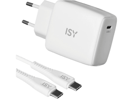 Un chargeur ISY blanc et un câble USB-C blanc sur fond sombre. Le chargeur a deux broches.
