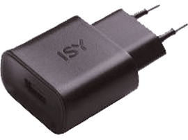 Chargeur de téléphone ISY noir avec port USB et deux broches pour prise, sur fond blanc.