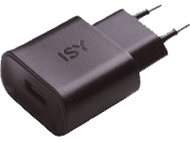 Chargeur de téléphone ISY noir avec port USB et deux broches pour prise, sur fond blanc.