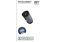 Charger l&#39;image dans la galerie, Un chargeur de voiture ISY gris et noir avec deux ports USB-C. Il a un autocollant 32W.
