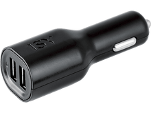 Charger l&#39;image dans la galerie, Chargeur de voiture noir avec deux ports USB. Le chargeur a un design élégant et arrondi et un accent argenté.
