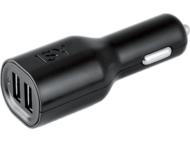 Chargeur de voiture noir avec deux ports USB. Le chargeur a un design élégant et arrondi et un accent argenté.