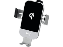 Charger l&#39;image dans la galerie, Chargeur de téléphone sans fil argenté et noir dans un support de voiture avec logo Qi.
