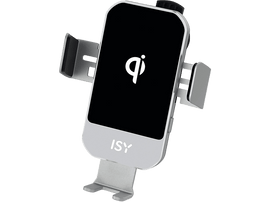 Chargeur de téléphone sans fil argenté et noir dans un support de voiture avec logo Qi.