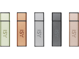 Cinq clés USB en rangée. Différentes couleurs : vert, bronze, argent, gris, rose. L