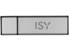 Une clé USB ISY argentée avec le nom de la marque écrit dessus. Le fond est blanc.