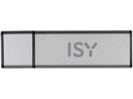 Une clé USB ISY argentée avec le nom de la marque écrit dessus. Le fond est blanc.