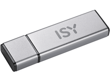 Charger l&#39;image dans la galerie, Clé USB ISY argentée avec le nom de la marque, un capuchon noir et fond blanc.
