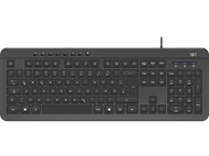 Clavier ISY noir avec lettres et chiffres blancs, avec plusieurs touches de fonction, sur fond noir.