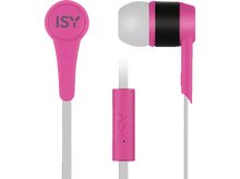 Charger l&#39;image dans la galerie, Écouteurs roses avec des détails blancs et noirs. Les fils sont blancs et la marque est ISY.
