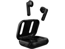 Charger l&#39;image dans la galerie, Écouteurs sans fil noirs, avec un étui de chargement noir. Trois écouteurs sont visibles.
