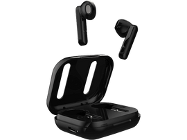 Écouteurs sans fil noirs, avec un étui de chargement noir. Trois écouteurs sont visibles.