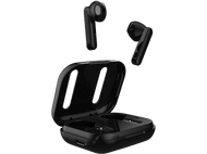 Écouteurs sans fil noirs, avec un étui de chargement noir. Trois écouteurs sont visibles.