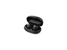 Charger l&#39;image dans la galerie, Écouteurs sans fil noirs dans un étui de chargement ouvert. L&#39;étui et les écouteurs sont noirs sur fond blanc.
