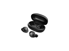Charger l&#39;image dans la galerie, Écouteurs sans fil noirs et étui de chargement sur fond blanc. Deux écouteurs sont séparés. L&#39;étui est ouvert.
