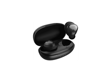 Charger l&#39;image dans la galerie, Écouteurs sans fil noirs dans leur étui de chargement. Un écouteur est en dehors de l&#39;étui. L&#39;étui est ouvert, sur fond blanc.

