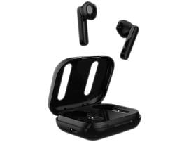 Écouteurs sans fil noirs dans un étui de chargement noir, et deux écouteurs isolés sur fond blanc.