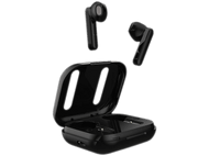 Écouteurs sans fil noirs dans un étui de chargement noir, et deux écouteurs isolés sur fond blanc.