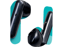 Charger l&#39;image dans la galerie, Deux écouteurs sans fil noirs sur un fond bleu canard. Les écouteurs sont brillants et élégants.
