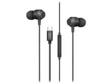 Charger l&#39;image dans la galerie, Écouteurs noirs avec connecteur USB-C et contrôle en ligne. Fond sombre.
