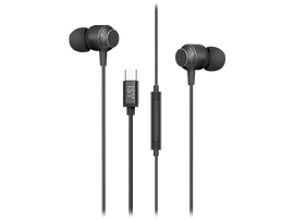 Écouteurs noirs avec connecteur USB-C et contrôle en ligne. Fond sombre.