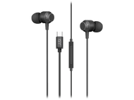 Écouteurs noirs avec connecteur USB-C et contrôle en ligne. Fond sombre.