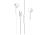 Écouteurs blancs avec module de contrôle et connecteur USB-C, sur fond noir.
