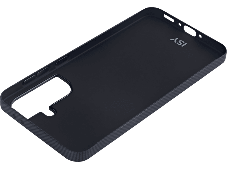 Une coque de téléphone noire avec extérieur texturé, texte 'xSI' visible à l'intérieur.