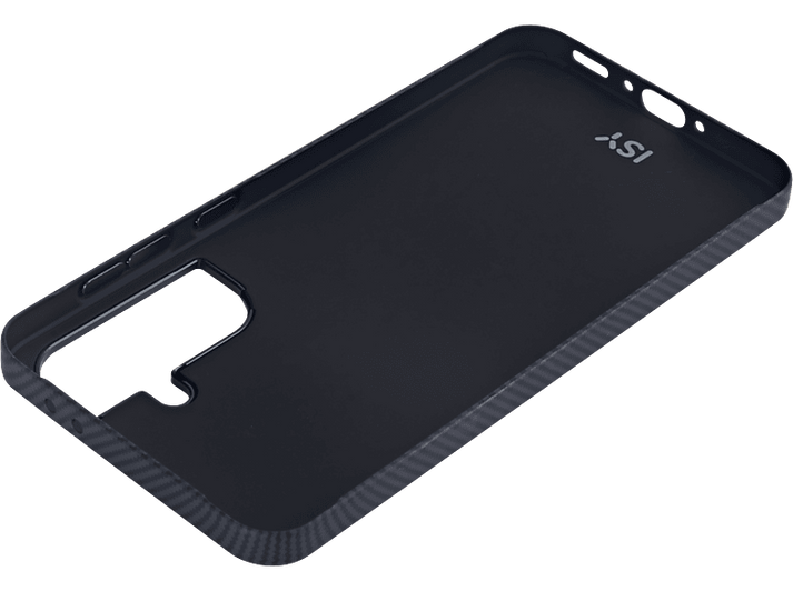 Une coque de téléphone noire avec extérieur texturé, texte 'xSI' visible à l'intérieur.