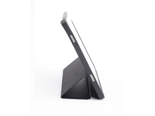 Charger l&#39;image dans la galerie, Une tablette avec un étui noir est en position verticale sur une surface blanche.
