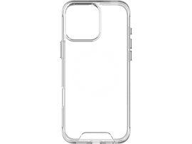 Coque transparente pour iPhone avec un cercle MagSafe blanc et un signe moins, sur fond noir.