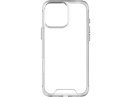 Coque transparente pour iPhone avec un cercle MagSafe blanc et un signe moins, sur fond noir.