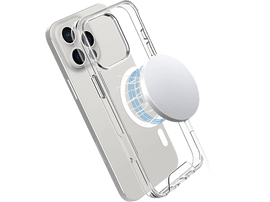 Coque de téléphone transparente avec chargeur MagSafe et iPhone.