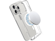 Coque de téléphone transparente avec chargeur MagSafe et iPhone.