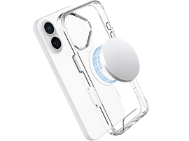 Une coque de téléphone transparente avec un PopSocket blanc. Le téléphone est blanc avec une caméra double lentille. Fond noir.