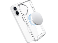 Une coque de téléphone transparente avec un PopSocket blanc. Le téléphone est blanc avec une caméra double lentille. Fond noir.