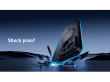 Charger l&#39;image dans la galerie, Une coque de téléphone noire se brise en morceaux avec le mot &#39;Shock proof&#39; en haut.
