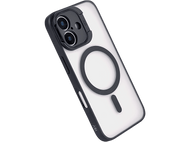 Un téléphone blanc avec un étui noir et un chargeur magnétique noir attaché. L'étui a des accents noirs.