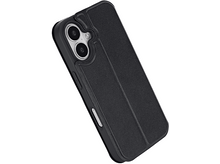 Charger l&#39;image dans la galerie, Coque de téléphone noire avec découpes pour appareil photo. Surface texturée et rabat magnétique. Isolé sur fond blanc.
