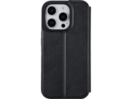 Coque noire pour iPhone avec découpes triple caméra, fermée. Sur fond noir.
