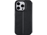 Coque noire pour iPhone avec découpes triple caméra, fermée. Sur fond noir.