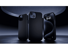 Charger l&#39;image dans la galerie, Trois téléphones noirs avec un étui noir et un fond bleu.
