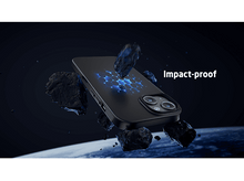 Charger l&#39;image dans la galerie, Coque de téléphone noire avec dos à motifs bleus, flottant dans l&#39;espace.
