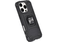 Coque noire pour iPhone avec support de bague et protection d'appareil photo.