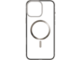 Coque de téléphone transparente avec un anneau MagSafe argenté et une petite découpe pour la caméra.