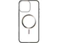 Coque de téléphone transparente avec un anneau MagSafe argenté et une petite découpe pour la caméra.