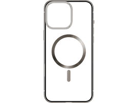 Coque transparente pour iPhone avec un anneau argenté et un cercle magnétique noir.
