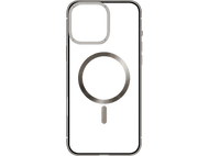 Coque transparente pour iPhone avec un anneau argenté et un cercle magnétique noir.