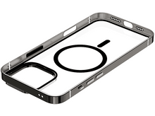 Charger l&#39;image dans la galerie, Coque de téléphone transparente, cadre argenté, cercle MagSafe noir, fond blanc.
