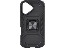 Charger l&#39;image dans la galerie, Coque de téléphone noire avec support d&#39;anneau argenté et design texturé, fond noir.
